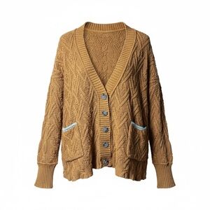 Free People Tan Cable Knit Cardigan with Blue Accents